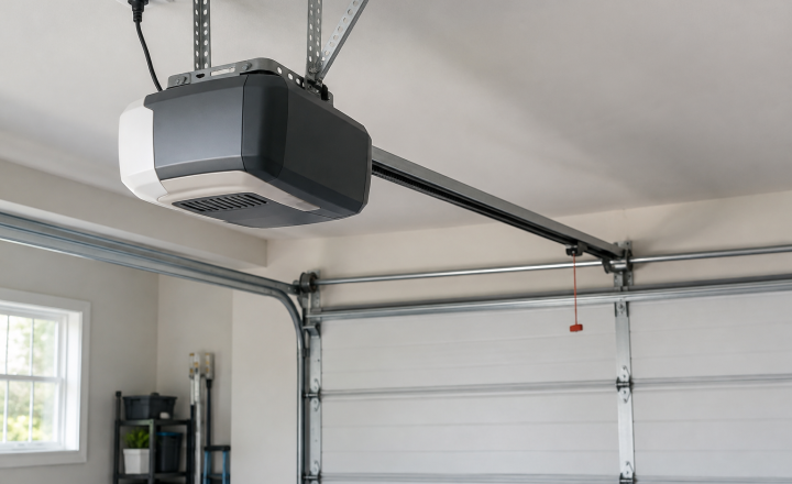 Illustration of a ceiling-mounted residential garage door opener